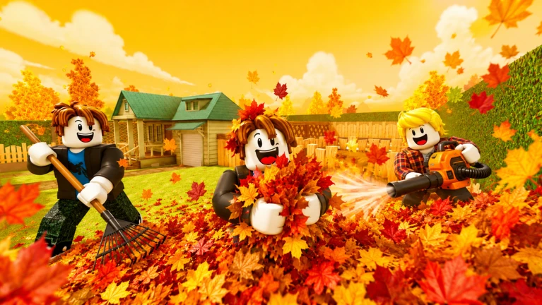 ภาพพรีวิวทางการ Clean all the leaves!: ตัวละคร Roblox สามตัวอยู่กลางใบไม้สีส้ม คนซ้ายถือคราด คนกลางอุ้มใบไม้ และคนขวาถือเครื่องเป่าใบไม้ โดยมีบ้านและรั้วอยู่ด้านหลัง