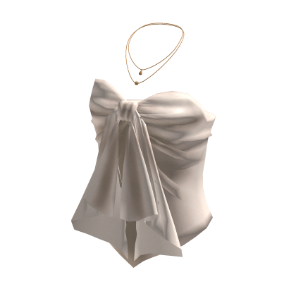 Coquette Satin Bow Tube Top w/ Necklace (Beige)