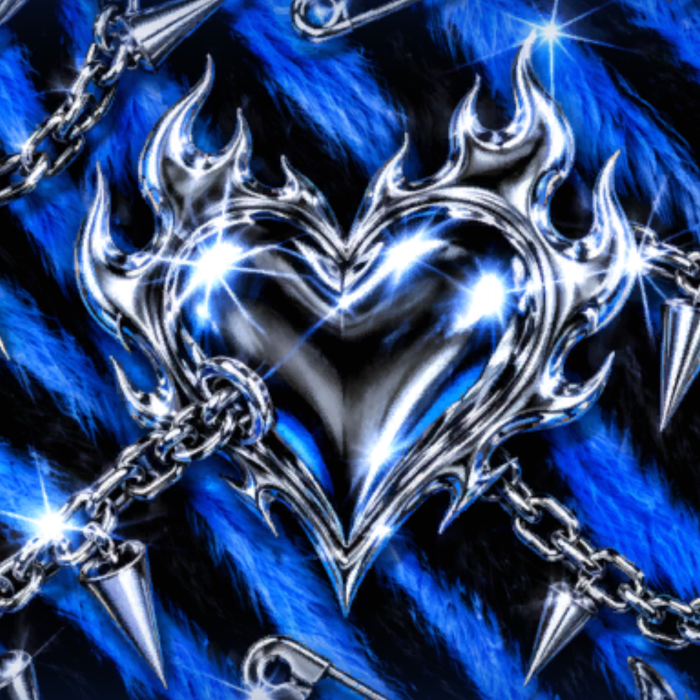 Chrome Chains Hearts Blue Zebra Fur Y2K Emo Goth