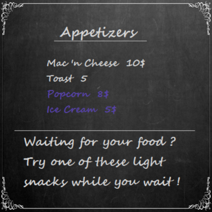 Welcome to Bloxburg Restaurant's snacks menu Roblox decal