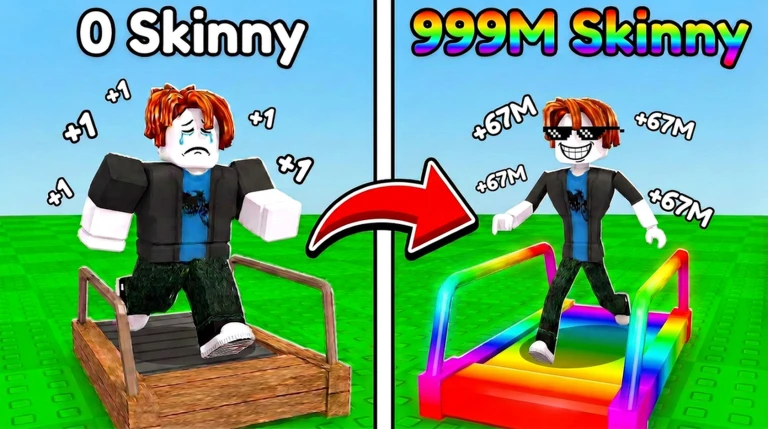 ภาพพรีวิวทางการ +1 Skinny Per Step: ภาพแบ่งครึ่งระหว่างลู่วิ่งไม้กับลู่วิ่งสีรุ้ง มีป้าย 0 Skinny และ 999M Skinny