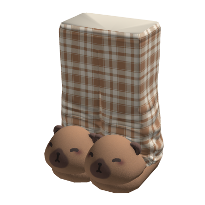 Plaid Brown Pjs w Capybara Slippers