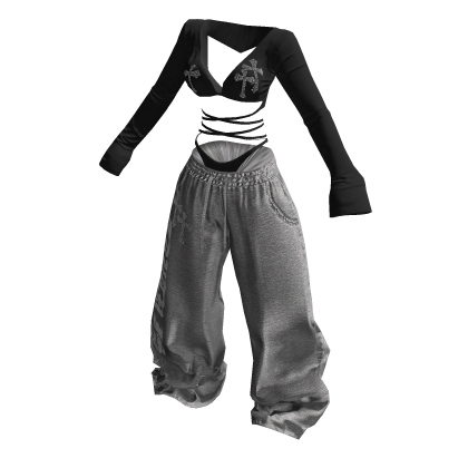 ♥Y2K Strap Top & Lowrise sweat pants set Bl & G♥