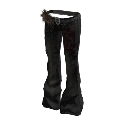 Y2K Flared Jeans w/ Fur Belt (Black Red Denim)