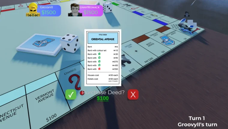 ภาพทางการ Monopoly บน Roblox แสดงหน้าต่างซื้อโฉนด Oriental Avenue