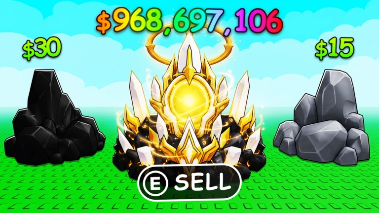 ภาพโปรโมต Sell Ores: แร่สีดำ ผลึกสีขาวทอง และหินสีเทา มีข้อความขายด้านล่าง