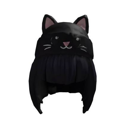 Black Hair with Cute Cat Beanie 🖤🐱