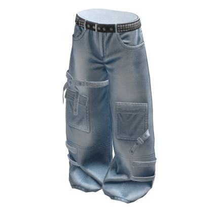 Light Denim Baggy Skater Cargo Pants w Straps thumbnail
