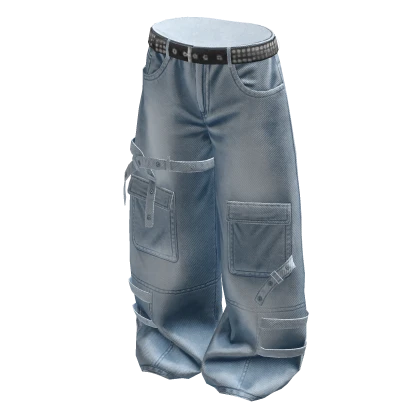 Light Denim Baggy Skater Cargo Pants w Straps Roblox item thumbnail