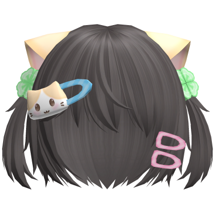 ♡ kawaii short ash cat hair w pigtails n clips
