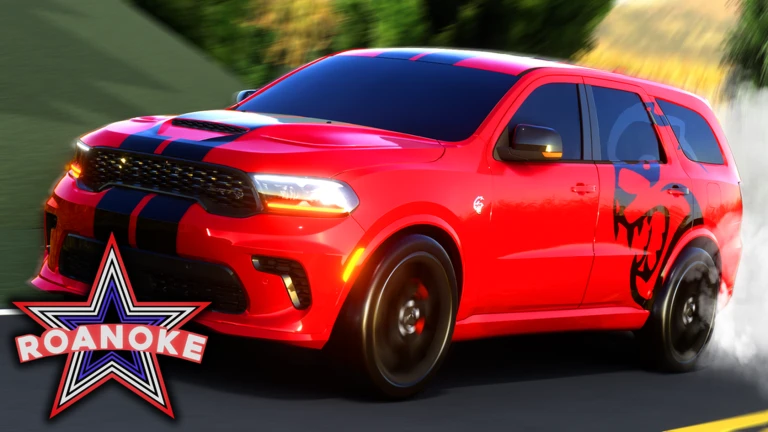 ภาพโปรโมตรถ SUV สีแดงบนถนนพร้อมโลโก้ดาว Roanoke