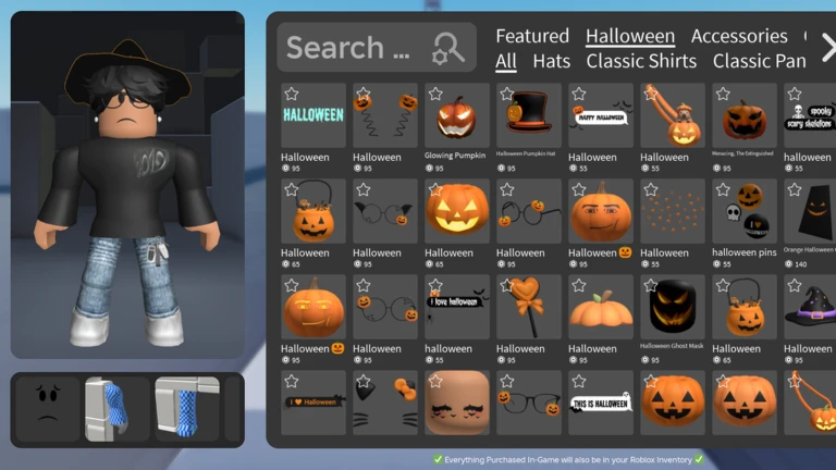 Roblox catalog interface showing Halloween avatar accessories