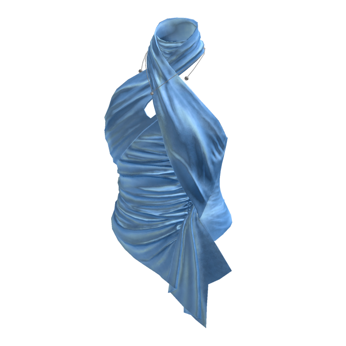 Satin Ruched Asymmetric Halter Top (Blue)