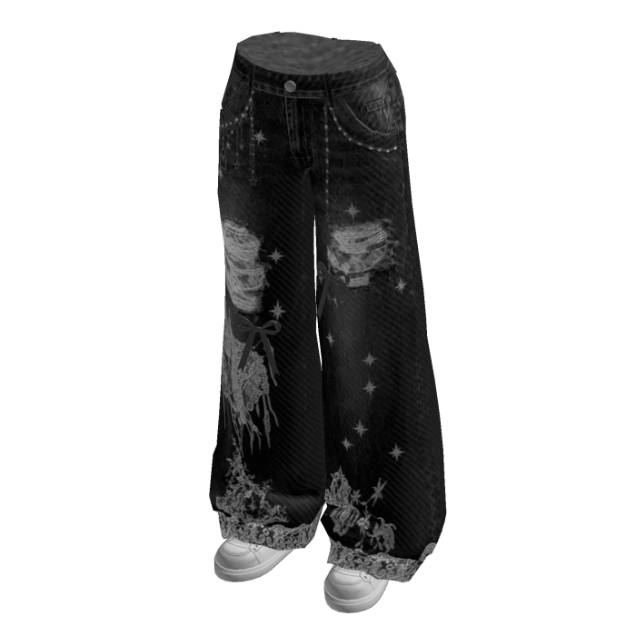 Ripped Wide-Leg Jeans with Hem Print (Black)