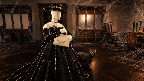 Official promotional art of a black dress on a form in a room with web decorations.