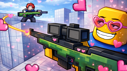 Event art: the game's yellow block-headed character wearing pink heart-shaped glasses aims a green sniper rifle, with pink hearts floating across a rooftop scene