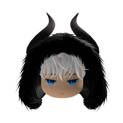 Anime boy messy white hair black hood black horns