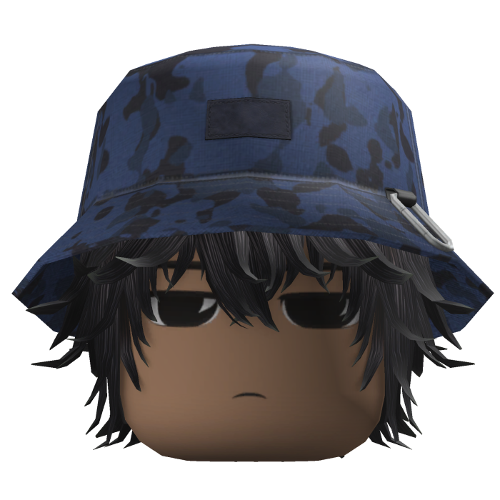 Messy Anime Hair w/ Camo Bucket Hat (Navy)