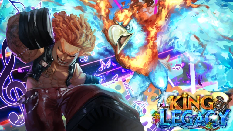 ภาพวาดโปรโมต King Legacy มีตัวละครผมส้มและนกไฟท่ามกลางโน้ตดนตรี