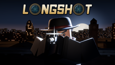 Promotional thumbnail: a blocky character in a dark fedora with a red band aims a scoped rifle straight at the viewer, a cross-shaped glint on the scope, with a night city skyline, a clock tower and a moon behind