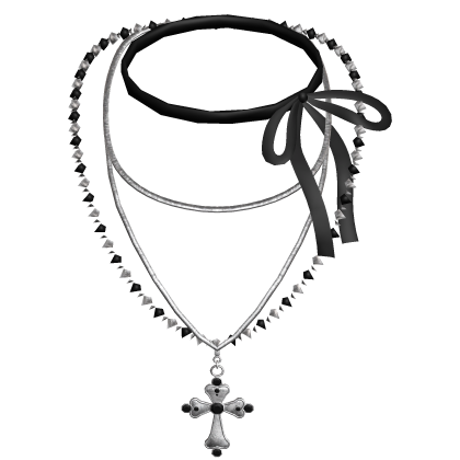 Emo Black Ribbon + Cross Silver Layered Necklace