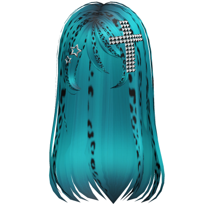 Emo Scene Long Hair w Cross Cyan Teal Leopard