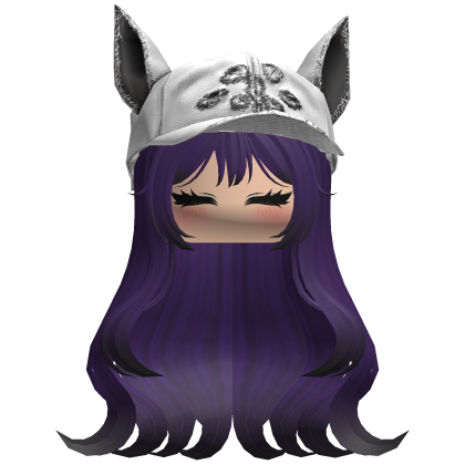 Fluffy purple and black hair with a white cat cap