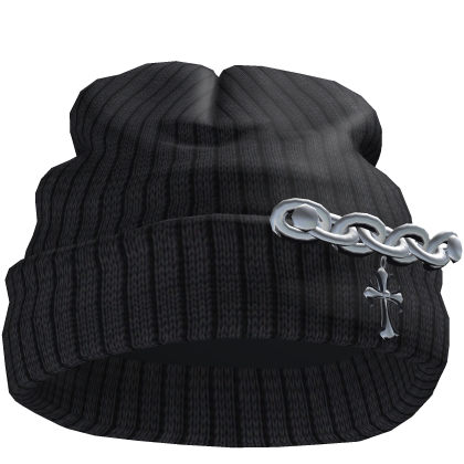 Black Worn Beanie with Chunky Chain and Cross