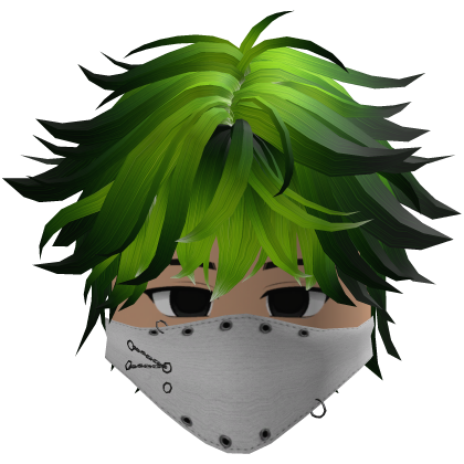 Cute emo boy, green hair, Y2K emo mask white