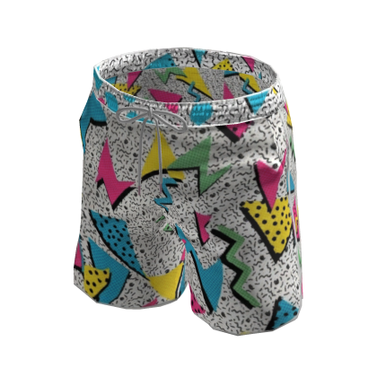 White 90s Neon Pattern Swim Trunks Board Shorts