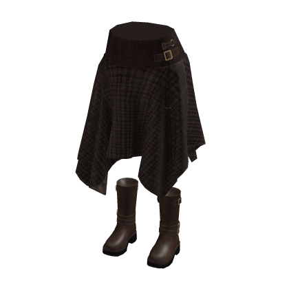 Gingham Hanky Hem Skirt w/ Boots (Dark Brown)