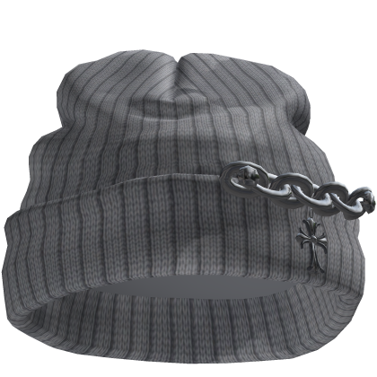 Grey Worn Beanie with Chunky Chain and Cross