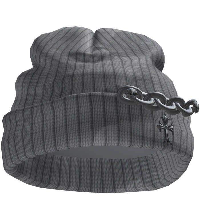Grey Worn Beanie with Chunky Chain and Cross