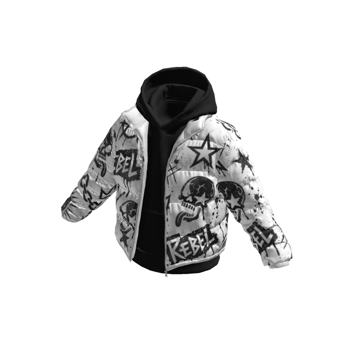 Black Hoodie w/ REBEL Print White Puffer Jacket