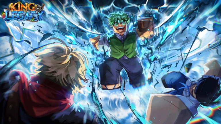 ภาพวาดโปรโมต King Legacy มีตัวละครผมเขียวโจมตีด้วยพลังสีน้ำเงิน