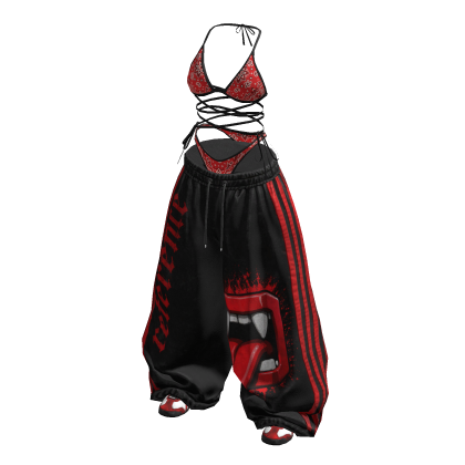 Red Black Fangs Bandana Y2K Wide baggy pants set