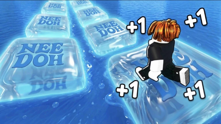 ภาพพรีวิวทางการ +1 Satisfying Squishy Escape: ตัวละครวิ่งบนก้อน NeeDoh ใสสีน้ำเงินที่วางอยู่บนผิวน้ำ