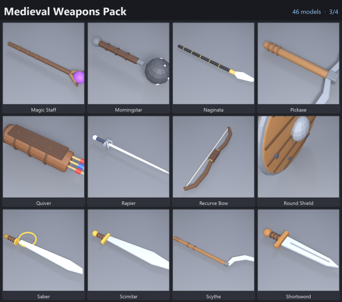 Low Poly Medieval Weapons Pack Sword Axe Bow x46 preview 3