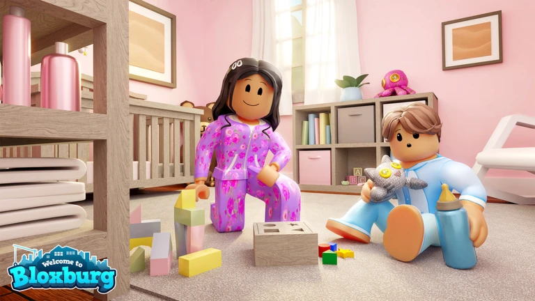 ภาพพรีวิวทางการ Welcome to Bloxburg: ตัวละครสองคนสวมชุดนอนนั่งเล่นบล็อกและตุ๊กตาในห้องเด็กโทนสีชมพู มีเตียงเด็ก ชั้นวางของ และขวดนม