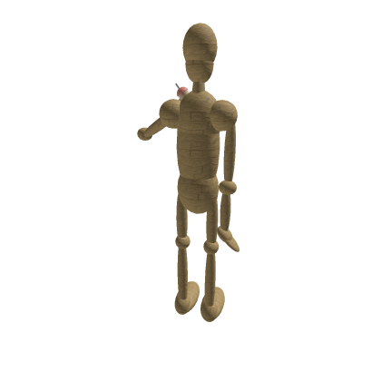 A wooden doll holding a very small boba