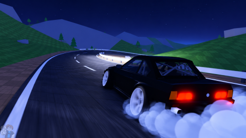 Official How To Drift promotional art: a black sedan with a roll cage and white wheels sliding around a mountain bend at night, rear lights glowing through tyre smoke.