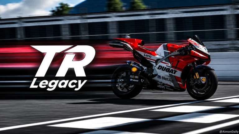 มอเตอร์ไซค์แข่งสีแดงขาวบนสนามพร้อมโลโก้ TR Legacy