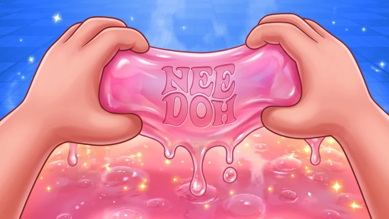 ภาพพรีวิวทางการ +1 Satisfying Squishy Escape: มือสองข้างกำลังยืดวัสดุนุ่ม NeeDoh สีชมพูเหนือพื้นประกาย