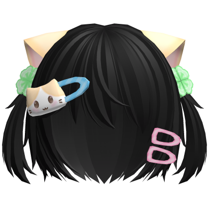 ♡ kawaii short black cat hair w pigtails n clips