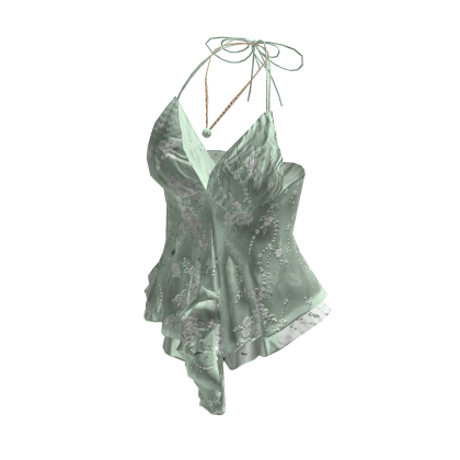 Coquette Satin Lace Cami Top w/ Necklace (Green)