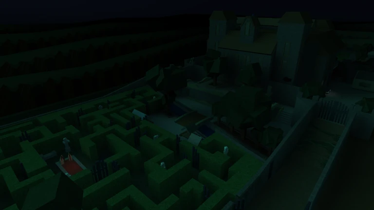 Dark Roblox hedge maze and mansion illustrating maze route planning