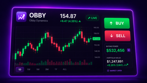 Promotional art: a trading card for a stock called OBBY, Obby Dynamics, priced at 154.87 with a candlestick chart, a green BUY button, a red SELL button, a buying power figure, a portfolio value and the label MARKET OPEN