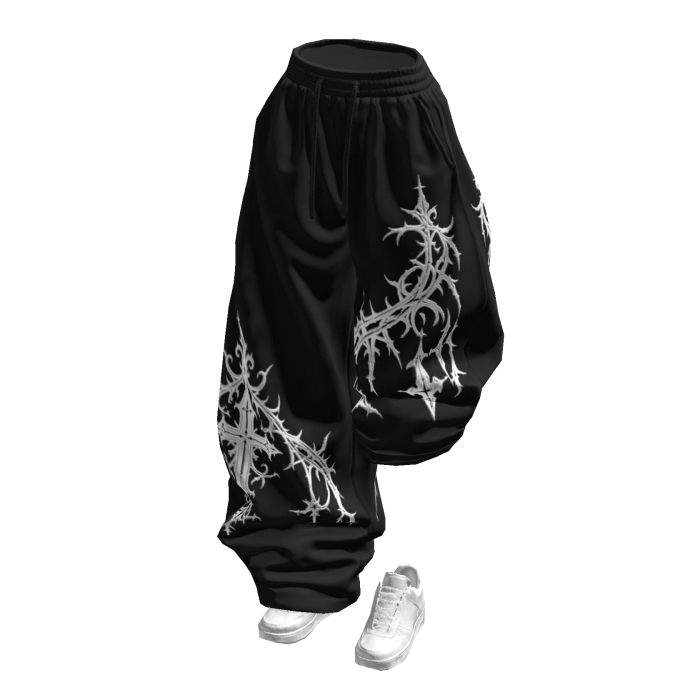 Black Print Half Raised Baggy Sweatpants w/ Shoes