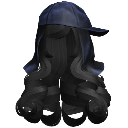 ☆ Long Curly Jet Black Hair with Bangs & Blue Cap Roblox item
