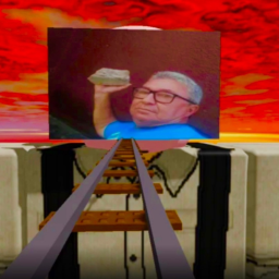 {ADMIN} Cart ride into a grandpa holding a rock.